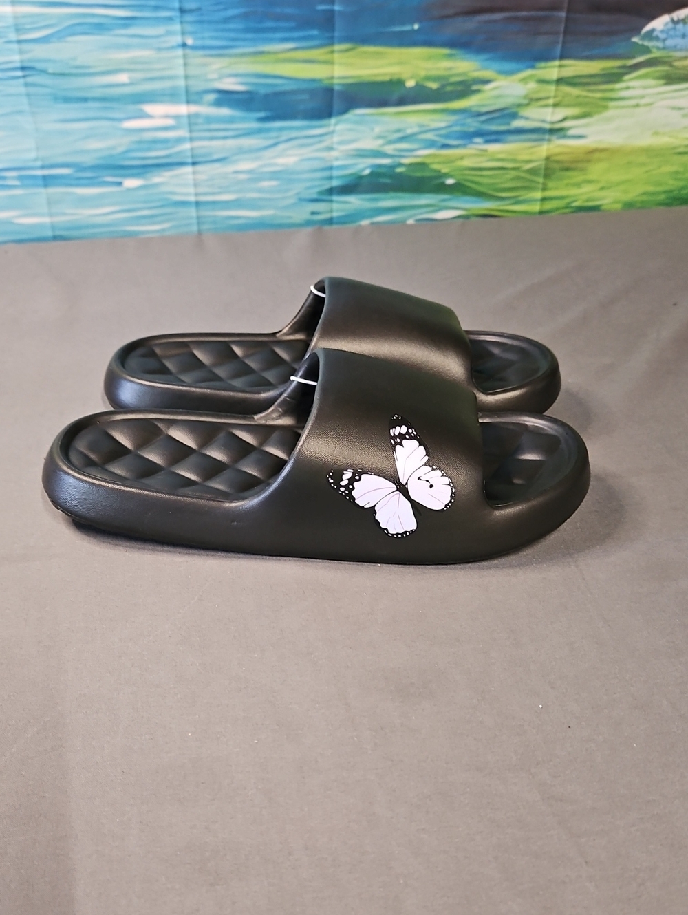 Women's Black Slide Sandals with Pink Butterfly Accent
